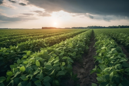 Green ripening soybean field, agricultural landscape. Agriculture concept. Generative AIの素材