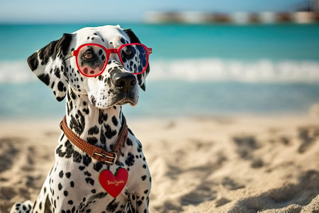 a dalmatian in red-rimmed glasses is resting on the seashore. travel and tourism concept. Generative AIの素材