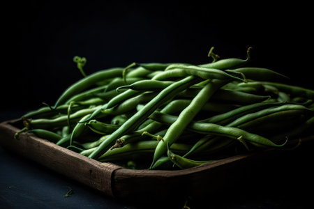 green beans in a dark plate on a wooden table. rustic style. Generative AIの素材