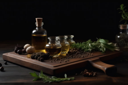 olive, sunflower and corn oil with herbs on a wooden board on a dark background. Generative AIの素材