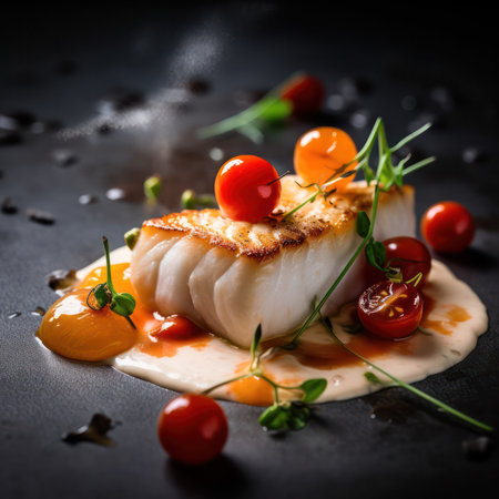 cod fillet with creamy sauce with cherry tomatoes on a dark background. Generative AIの素材