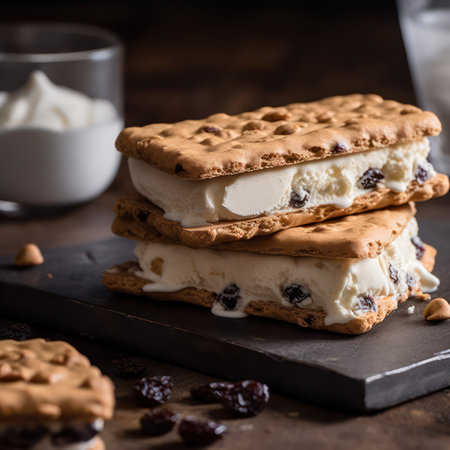 sandwich ice cream with raisins, nuts and pieces of fruit and chocolate on a board on a dark background. Generative AIの素材