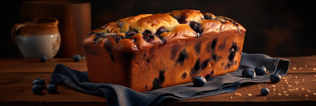 blueberry muffin with berries on a board on a dark background .homemade cakes. Generative AIの素材