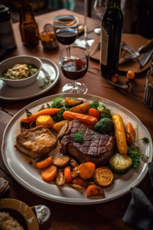 grilled meat with vegetables served with wine on a wooden table. Generative AIの素材