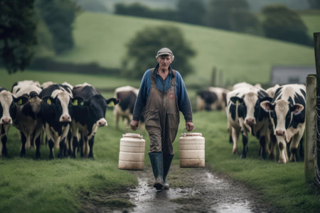 farmer against the background of a herd of cows with cans of milk. generative AIの素材