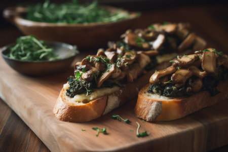 Toast with fried mushrooms, onions, thyme and parmesan cheese close-up on the table. Generative AIの素材