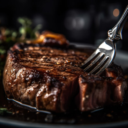 medium-rare beef steak close-up on a black plate on a wooden table. Generative AIの素材