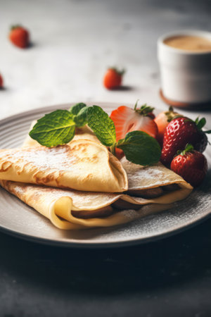 pancakes with fresh berries sprinkled with powdered sugar. Generative AIの素材