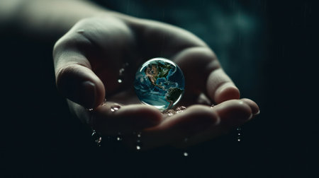 planet Earth in the form of a transparent drop of water on the palm of a person. the concept of the fragility of the planet and respect for the environment. Generative AIの素材