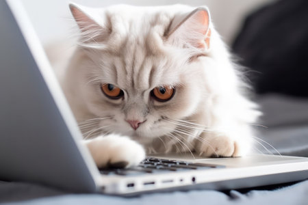 fluffy white cat works on a laptop, looks at the monitor. Paws on the keyboard. Freelance cat. Online shopping, work from home and freelance concept. generative AIの素材