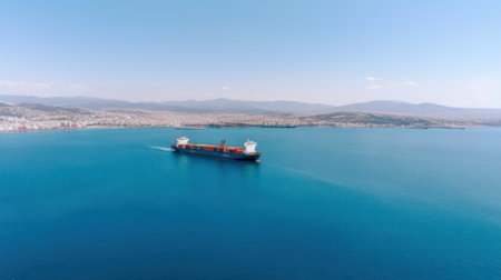 View of a cargo ship carrying a container for importing export goods to a client, conceptual logistics and supply chain. generative AIの素材