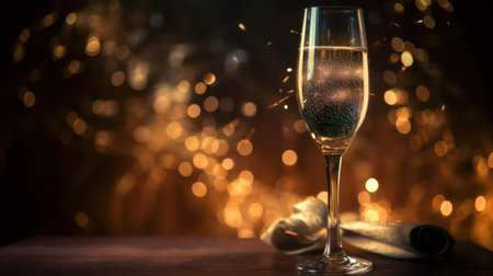 one glass of champagne, toasting at night with bokeh lights, sparkles and sparks in the background.pleasant festive atmosphere. generative AIの素材