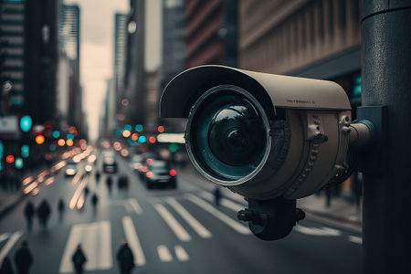 IP camera installed with waterproof coating to protect the camera with the concept of security system in public places. generative AIの素材