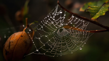 web of wild spider with tiny drops of water shining in light on black background. Generative AIの素材