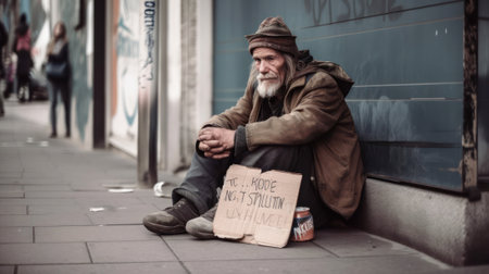 a beggar and homeless man sits on the pavement in the city with a cardboard sign. generative AIの素材