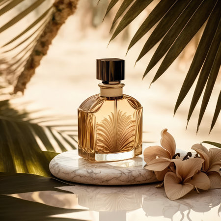 Transparent bottle of perfume on a background of stone and leaves. Presentation of perfume in a beautiful bottle. Actual concept in natural materials . natural cosmetic. Generative AIの素材