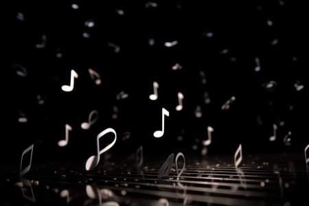 abstract background with the image of musical signs, music hovering in the air on a black background. Generative AIの素材