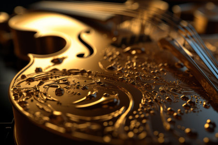 art background with the image of musical signs and elements of musical instruments made of gold metal, music made in metal on a black background. Generative AIの素材