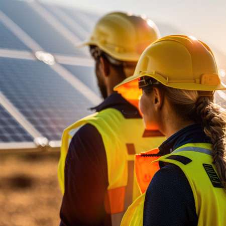 workers on a solar panel farm in hardhats and yellow vests.renewable energy. generative AIの素材