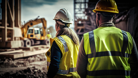 workers on the construction site wearing helmets and yellow vests. generative AIの素材