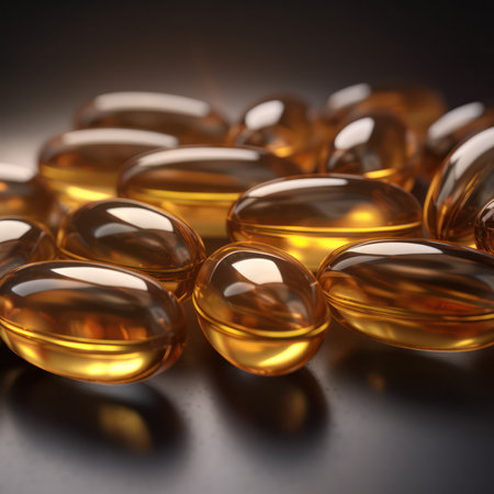 yellow transparent fish oil supplement capsules on dark background .Generative AIの素材