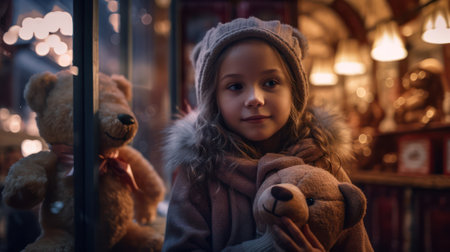 a little girl with a bear in her hands in warm clothes stands in front of a shop window with toys. festive illumination. Generative AIの素材