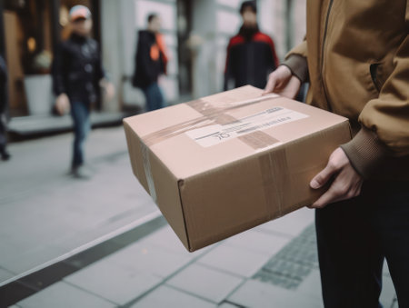 hands of a courier with a cardboard parcel on a city street. Messenger and delivery concept. Generative AIの素材