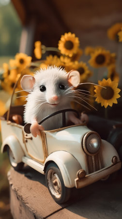 a cute little mouse rides in a car with sunflowers. greeting card . Generative AIの素材