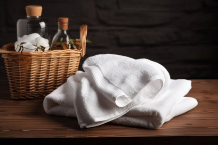 washed clean white towels lie folded on a wooden surface. day of washing and cleanliness. Generative AIの素材