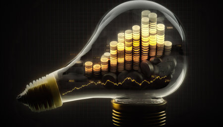 A stack of coins and a light bulb as a concept for increasing energy prices.Generative AIの素材