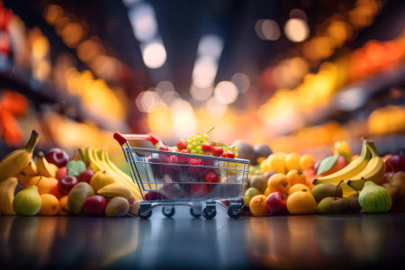 trolley with products on the background of shelves with products in the supermarket.blurred background. Generative AIの素材
