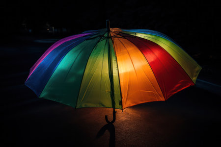 rainbow-colored umbrella with illumination from the inside on a black background.Copy space. Generative AIの素材