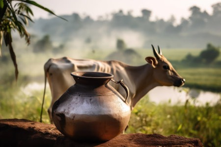 cattle pasture, Indian cow in the meadow.Neural network AI generatedの素材