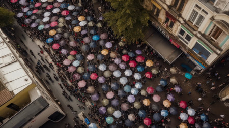 many people at a demonstration in the city walking down the street with umbrellas. view from above.Generative AIの素材