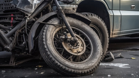 motorcycle accident lies on the road in front of the car. road safety and health insurance concept. Generative AIの素材