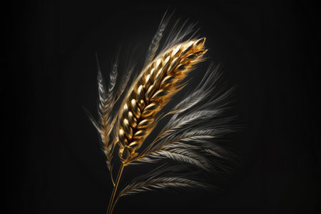 spikelet of wheat made of gold metal on a black background.Generative AI. High qualityの素材
