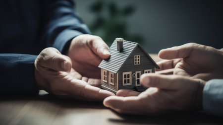 two pairs of hands hold the house. mortgage and real estate insurance.Generative AIの素材