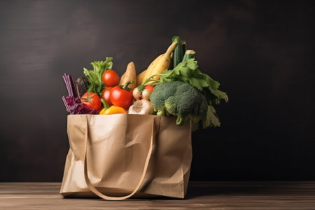 Paper bag with fresh vegetables and bread on black background.Generative AIの素材