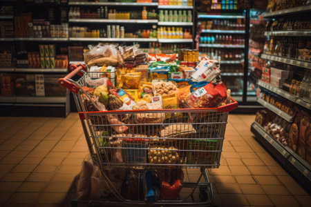 trolley with products on the background of shelves with products in the supermarket. Generative AIの素材