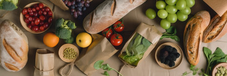 paper bags with vegetables and fruits are on the table.view from above.banner. Generative AIの素材