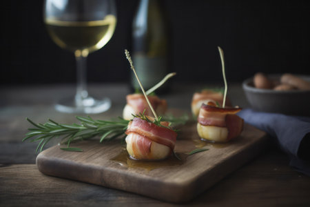 grilled sea scallops on skewers served on a plate on a dark plate with sauce on a dark background. generative AIの素材