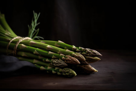 a bunch of green asparagus lies on a burlap on a wooden table.rustic style. generative AIの素材