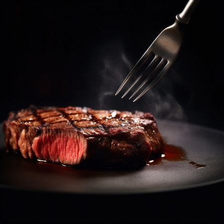 medium-rare beef steak close-up on a black plate on a wooden table. Generative AIの素材