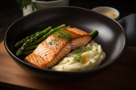 Salmon fillet with mashed potatoes and asparagus and sauce. generative AIの素材