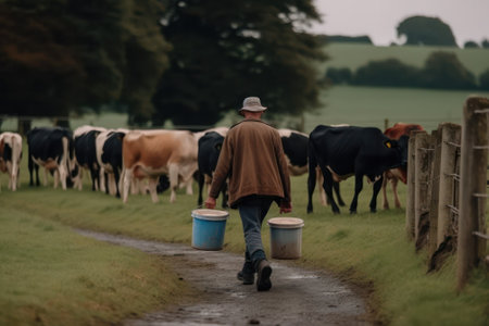 farmer against the background of a herd of cows with cans of milk. generative AIの素材