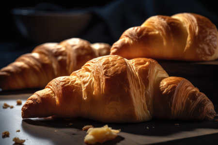Board with delicious croissants on a dark wooden table, close-up. french pastries.generative AIの素材