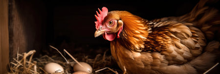 Hen incubating eggs in the straw in the coop on a farm. generative AIの素材