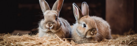 two adorable brown rabbits eat food and sit on dried grass in a rabbit farm. Household and ecology concept.generative AIの素材