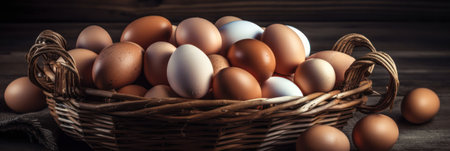 fresh chicken eggs in a basket on a wooden table. generative AIの素材