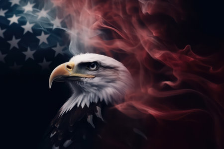 North American bald eagle with smoke on the background of the American flag. Generative AIの素材